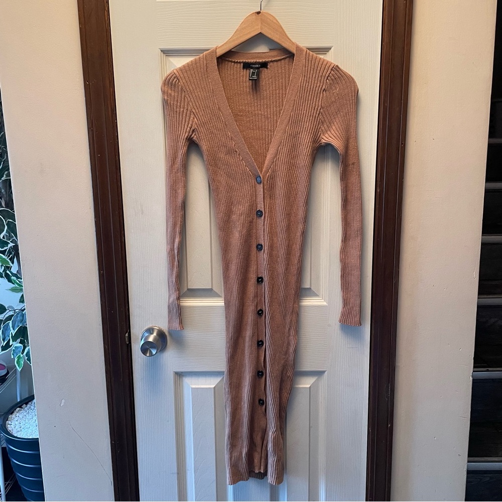 Forever 21 Tan Buttoned V-Neck Long Sleeve Cardigan
